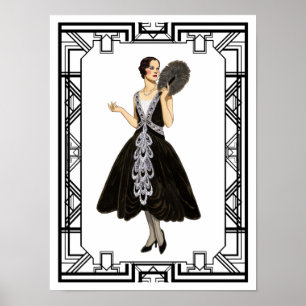Vintage schwarzes und weißes Flapper-Abendkleid Poster