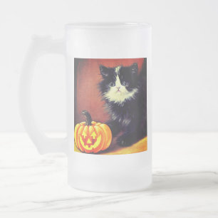 Vintage-schwarzes und weißes Halloween-Kätzchen Mattglas Bierglas