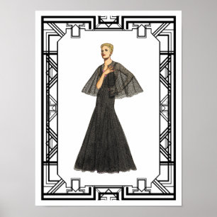Vintage Schwarzes und Weißes Seidenkleid der 1940e Poster