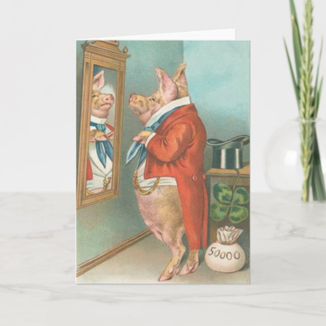 Vintage Schwein-Kleeblatt-St Patrick Tageskarte Karte (Vorderseite)