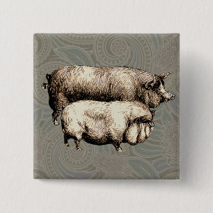 Vintage Schweine, zeichnend antike Schweine Button