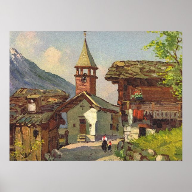 Vintage Schweiz, ein Walliser Dorf Poster (Vorne)