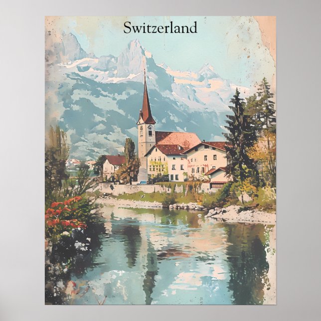 Vintage Schweiz Schweizer Alpen Landschaft Poster (Vorne)