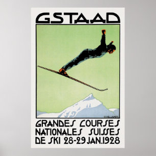 Vintage Schweizer Art Deco Schnee Skisport Wettbew Poster