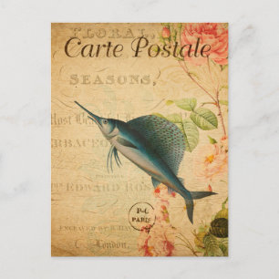 Vintage Schwertfisch Typ Fisch Floral Französisch Postkarte