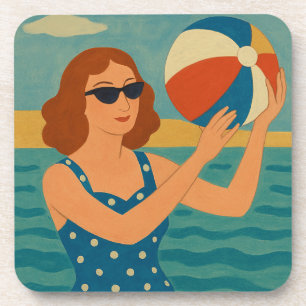 Vintage Schwimmer mit Strandball Getränkeuntersetzer