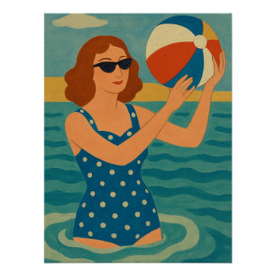 Vintage Schwimmer mit Strandball Poster