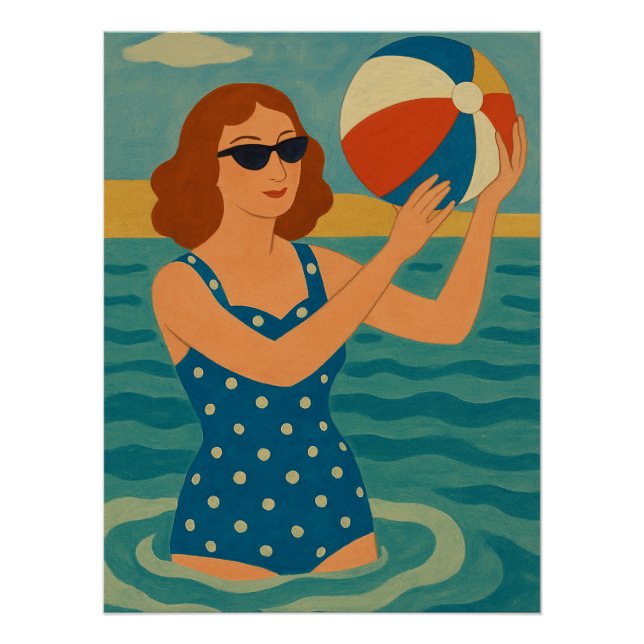 Vintage Schwimmer mit Strandball Poster (Vorderseite)