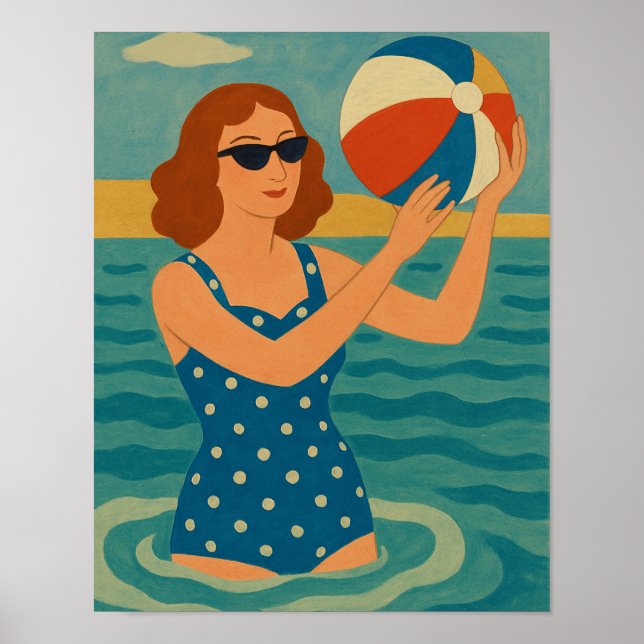 Vintage Schwimmer mit Strandball Poster (Vorne)