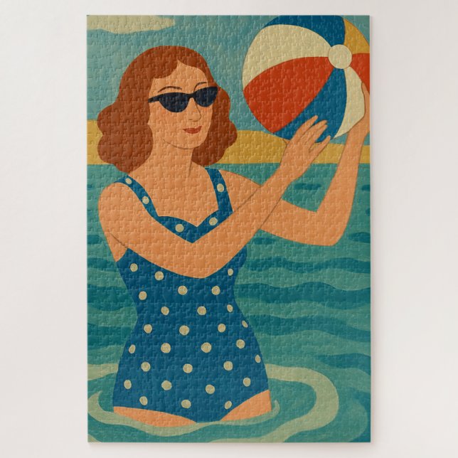 Vintage Schwimmer mit Strandball Puzzle (Vertikal)