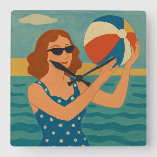 Vintage Schwimmer mit Strandball Quadratische Wanduhr