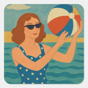 Vintage Schwimmer mit Strandball Quadratischer Aufkleber