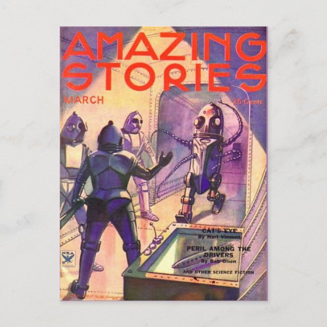 Vintage Sci Fi Art Roboter Postkarte (Vorderseite)