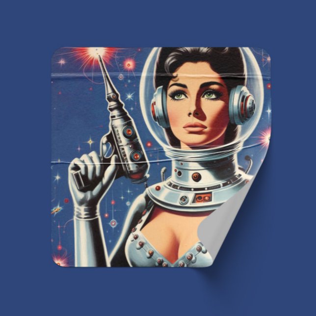 Vintage Sci-fi Astronaut Girl Quadratischer Aufkleber (Von Creator hochgeladen)