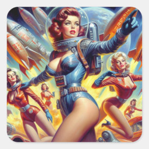Vintage Sci-Fi-Girls Quadratischer Aufkleber
