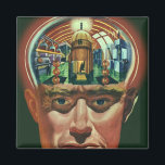 Vintage Science Fiction, Alien Brain im Labor Magnet<br><div class="desc">Vintage Illustration futuristische Science Fiction Außerirdischen und Roboter Bild mit einem Mann, dessen Gehirn exponiert zeigt ein Labor. Ein klassisches Comic-Buch-Design mit einem Cyborg-Wissenschaftler mit seiner Hand in sein Kinn mit einem intensiven Blick auf sein Gesicht und sieht aus, als ob er an die Zukunft denkt oder vielleicht gerade in...</div>