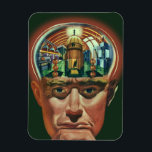 Vintage Science Fiction, Alien Brain im Labor Magnet<br><div class="desc">Vintage Illustration futuristische Science Fiction Außerirdischen und Roboter Bild mit einem Mann, dessen Gehirn exponiert zeigt ein Labor. Ein klassisches Comic-Buch-Design mit einem Cyborg-Wissenschaftler mit seiner Hand in sein Kinn mit einem intensiven Blick auf sein Gesicht und sieht aus, als ob er an die Zukunft denkt oder vielleicht gerade in...</div>