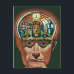 Vintage Science Fiction, Alien Brain im Labor Postkarte<br><div class="desc">Vintage Illustration futuristische Science Fiction Außerirdischen und Roboter Bild mit einem Mann, dessen Gehirn exponiert zeigt ein Labor. Ein klassisches Comic-Buch-Design mit einem Cyborg-Wissenschaftler mit seiner Hand in sein Kinn mit einem intensiven Blick auf sein Gesicht und sieht aus, als ob er an die Zukunft denkt oder vielleicht gerade in...</div>