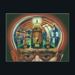 Vintage Science Fiction, Alien Brain im Labor Postkarte<br><div class="desc">Vintage Illustration futuristische Science Fiction Außerirdischen und Roboter Bild mit einem Mann, dessen Gehirn exponiert zeigt ein Labor. Ein klassisches Comic-Buch-Design mit einem Cyborg-Wissenschaftler mit seiner Hand in sein Kinn mit einem intensiven Blick auf sein Gesicht und sieht aus, als ob er an die Zukunft denkt oder vielleicht gerade in...</div>