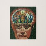 Vintage Science Fiction, Alien Brain im Labor Puzzle<br><div class="desc">Vintage Illustration futuristische Science Fiction Außerirdischen und Roboter Bild mit einem Mann, dessen Gehirn exponiert zeigt ein Labor. Ein klassisches Comic-Buch-Design mit einem Cyborg-Wissenschaftler mit seiner Hand in sein Kinn mit einem intensiven Blick auf sein Gesicht und sieht aus, als ob er an die Zukunft denkt oder vielleicht gerade in...</div>