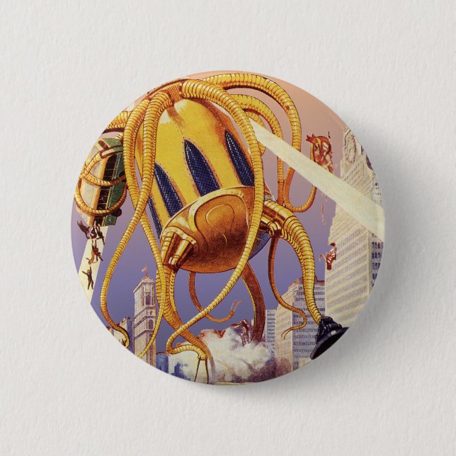 Vintage Science-Fiction-Alien-Kriegsinvasion Oktop Button (Vorderseite)