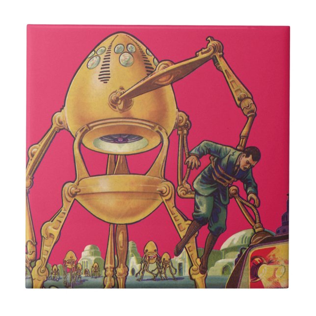 Vintage Science Fiction Alien Robot Captures Man Fliese (Vorderseite)