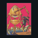 Vintage Science Fiction Alien Robot Captures Man Postkarte<br><div class="desc">Vintage Illustration futuristische Science Fiction Außerirdischen und Roboter Image. Ein klassisches Retro-Comic-Buch sci fi-Design mit einem eierförmigen Roboter,  der einen Mann in seinen Klauen hält. Die Zeichen Pop auf einem hellrosa Hintergrund.</div>