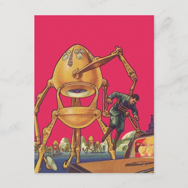 Vintage Science Fiction Alien Robot Captures Man Postkarte (Vorderseite)