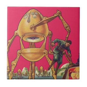 Vintage-Science-Fiction-Alien-Roboter ergreift Man Fliese
