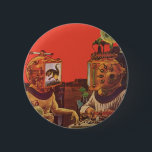 Vintage Science Fiction, Alien Steam Punk Helme Button<br><div class="desc">Vintage Illustration futuristische Science Fiction Steampunk Laborbild. Ein klassisches 50er Retro-Sci-Fi-Design mit zwei Personen,  die zukünftig mit Videohelmen kommunizieren. Einer der Helme hat einen Dinosaurier auf dem Bildschirm. Ein Wissenschaftler ist verantwortlich für die Maschinen und führt das Experiment.</div>