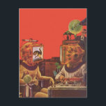Vintage Science Fiction, Alien Steam Punk Helme Postkarte<br><div class="desc">Vintage Illustration futuristische Science Fiction Steampunk Laborbild. Ein klassisches 50er Retro-Sci-Fi-Design mit zwei Personen,  die zukünftig mit Videohelmen kommunizieren. Einer der Helme hat einen Dinosaurier auf dem Bildschirm. Ein Wissenschaftler ist verantwortlich für die Maschinen und führt das Experiment.</div>
