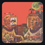 Vintage Science Fiction, Alien Steam Punk Helme Quadratischer Aufkleber<br><div class="desc">Vintage Illustration futuristische Science Fiction Steampunk Laborbild. Ein klassisches 50er Retro-Sci-Fi-Design mit zwei Personen,  die zukünftig mit Videohelmen kommunizieren. Einer der Helme hat einen Dinosaurier auf dem Bildschirm. Ein Wissenschaftler ist verantwortlich für die Maschinen und führt das Experiment.</div>