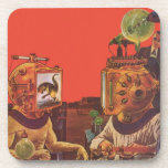 Vintage Science Fiction, Alien Steam Punk Helme Untersetzer<br><div class="desc">Vintage Illustration futuristische Science Fiction Steampunk Laborbild. Ein klassisches 50er Retro-Sci-Fi-Design mit zwei Personen,  die zukünftig mit Videohelmen kommunizieren. Einer der Helme hat einen Dinosaurier auf dem Bildschirm. Ein Wissenschaftler ist verantwortlich für die Maschinen und führt das Experiment.</div>