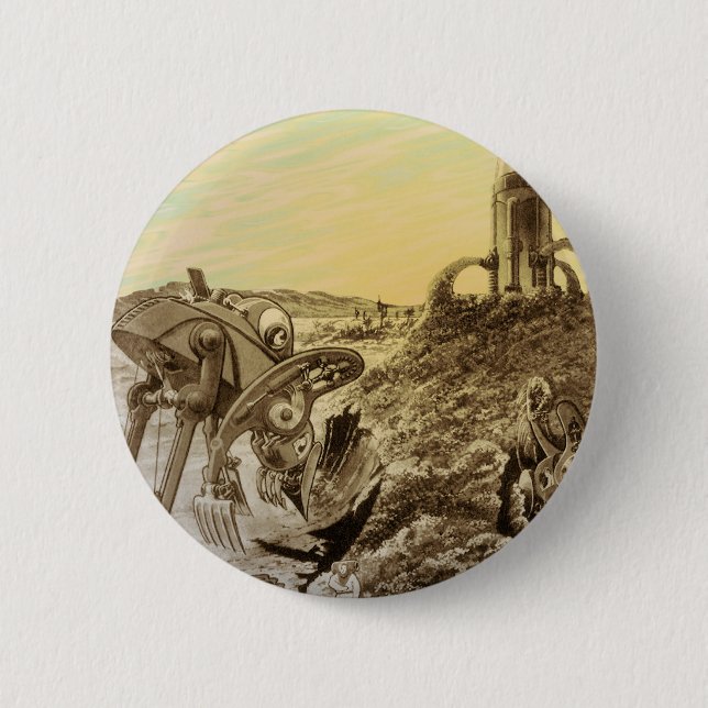Vintage Science-Fiction-Aliens-Planeten-Konstrukti Button (Vorderseite)