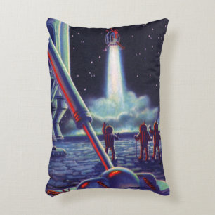 Vintage-Science-Fiction-Aliens winken einer Rakete Dekokissen