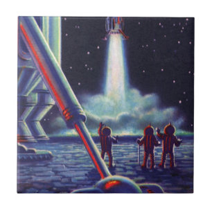 Vintage-Science-Fiction-Aliens-winken-einer-Rakete Fliese