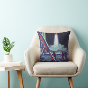 Vintage-Science-Fiction-Aliens-winken-einer-Rakete Kissen