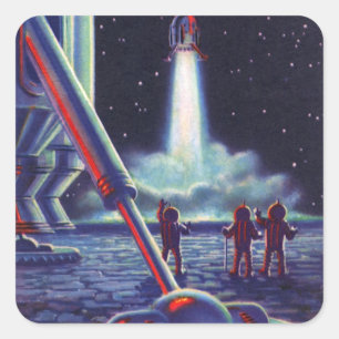 Vintage-Science-Fiction-Aliens-winken-einer-Rakete Quadratischer Aufkleber