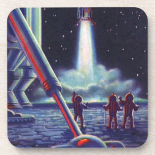 Vintage-Science-Fiction-Aliens-winken-einer-Rakete Untersetzer