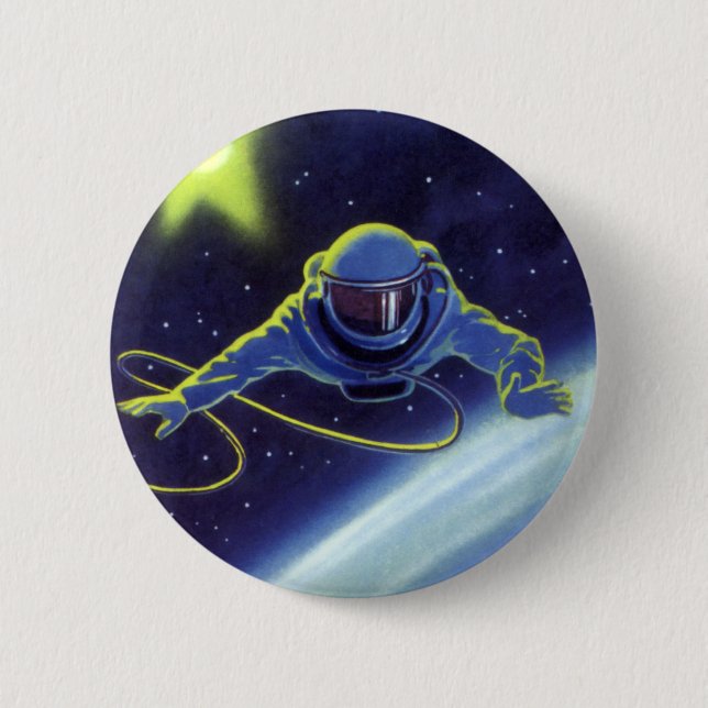 Vintage Science Fiction Astronaut auf einem Weltra Button (Vorderseite)