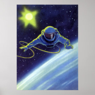 Vintage Science Fiction Astronaut auf einem Weltra Poster