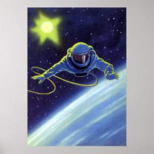 Vintage Science Fiction Astronaut auf einem Weltra Poster