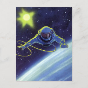 Vintage Science Fiction Astronaut auf einem Weltra Postkarte