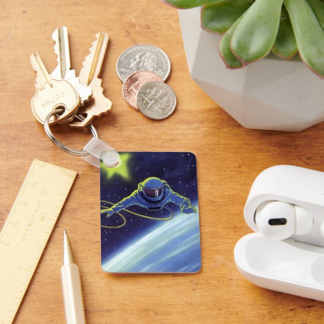 Vintage Science Fiction Astronaut auf einem Weltra Schlüsselanhänger (Schreibtisch)