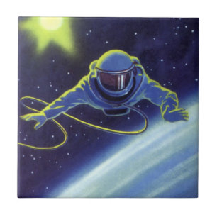 Vintage Science-Fiction-Astronaut bei einem Weltra Fliese