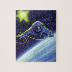 Vintage Science-Fiction-Astronaut bei einem Weltra Puzzle