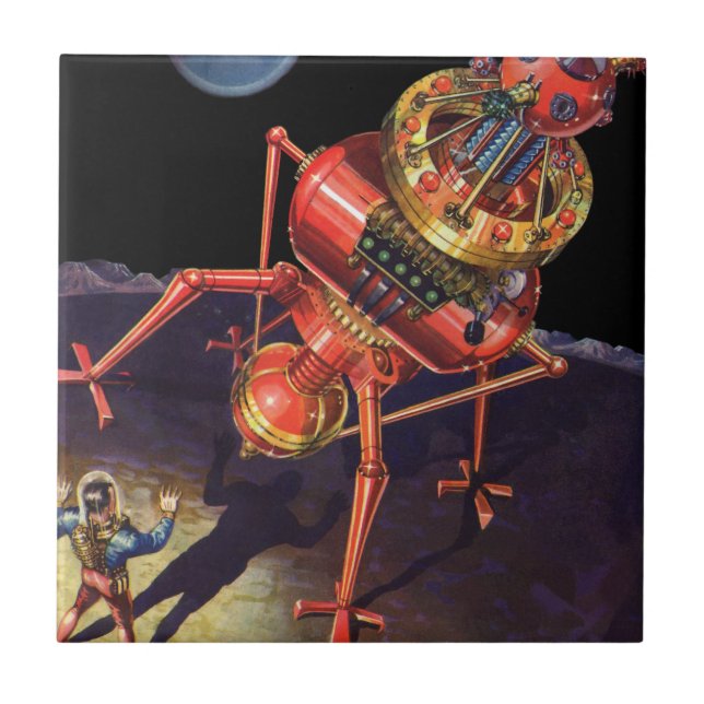 Vintage Science Fiction Astronaut mit Alien Robot Fliese (Vorderseite)
