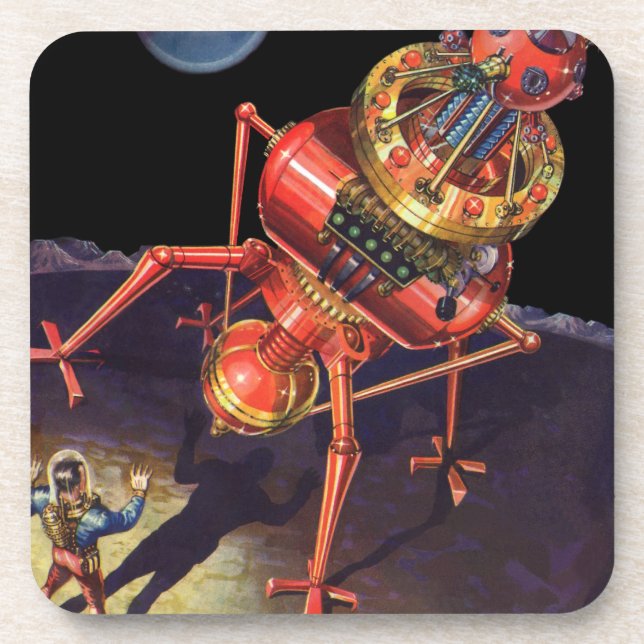 Vintage Science Fiction Astronaut mit Alien Robot Getränkeuntersetzer (Vorderseite)