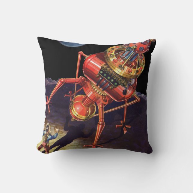 Vintage Science Fiction Astronaut mit Alien Robot Kissen (Vorderseite)