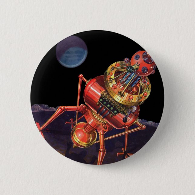 Vintage-Science-Fiction-Astronaut mit Alien-Robote Button (Vorderseite)
